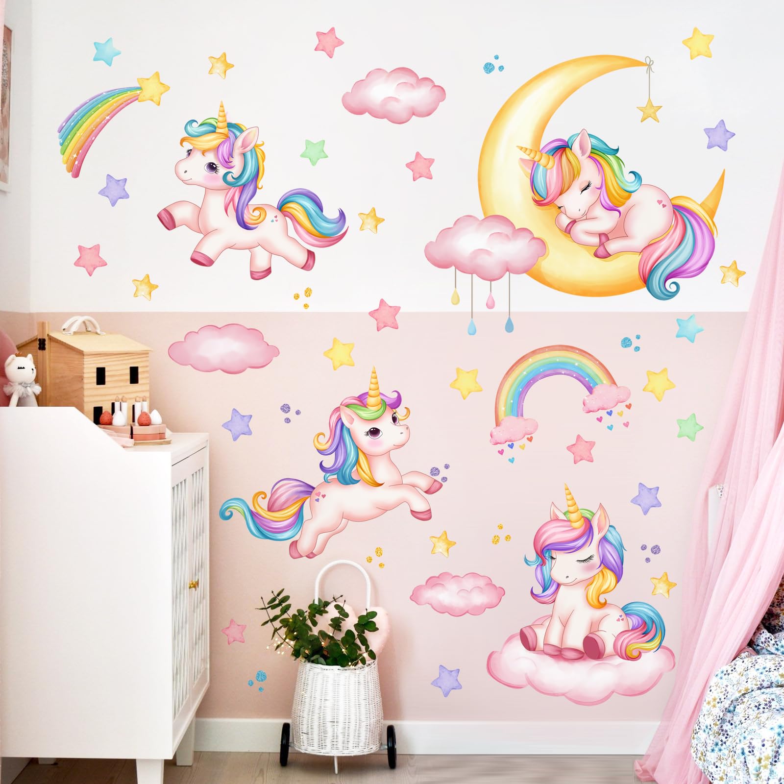 Supzone Pegatinas de Pared Unicornio Arcoíris Grande Vinilos Decorativos | Mural de Acuarela Luna Nubes Estrella Adhesivos Decorativos Pared para Habitación Dormitorio Niña Infantiles Sala de Estar