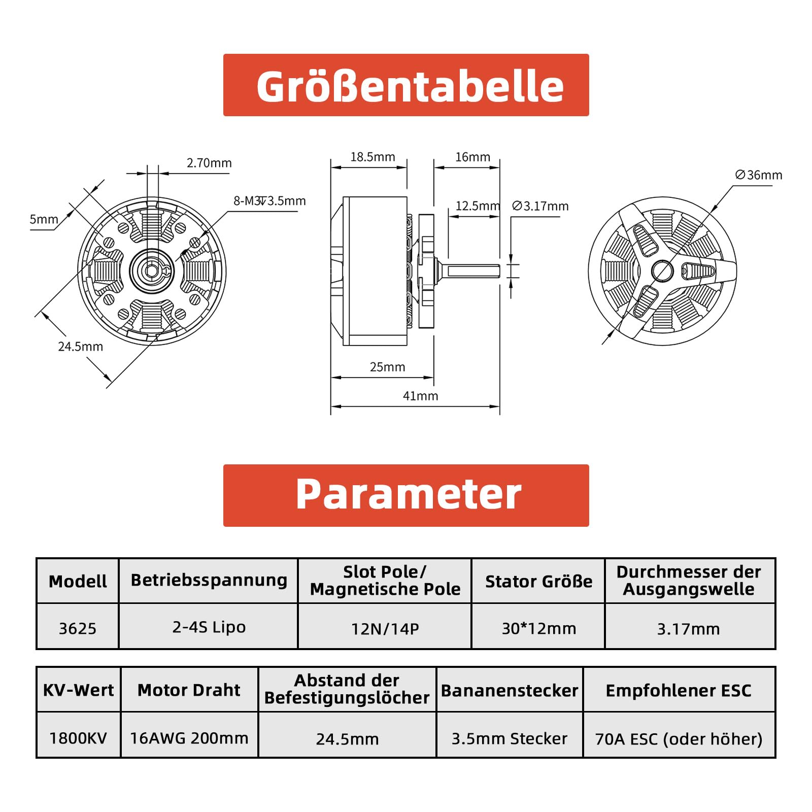 3625 Bürstenloser RC Motor 1800KV 14-poliger für RC Crawler Autos