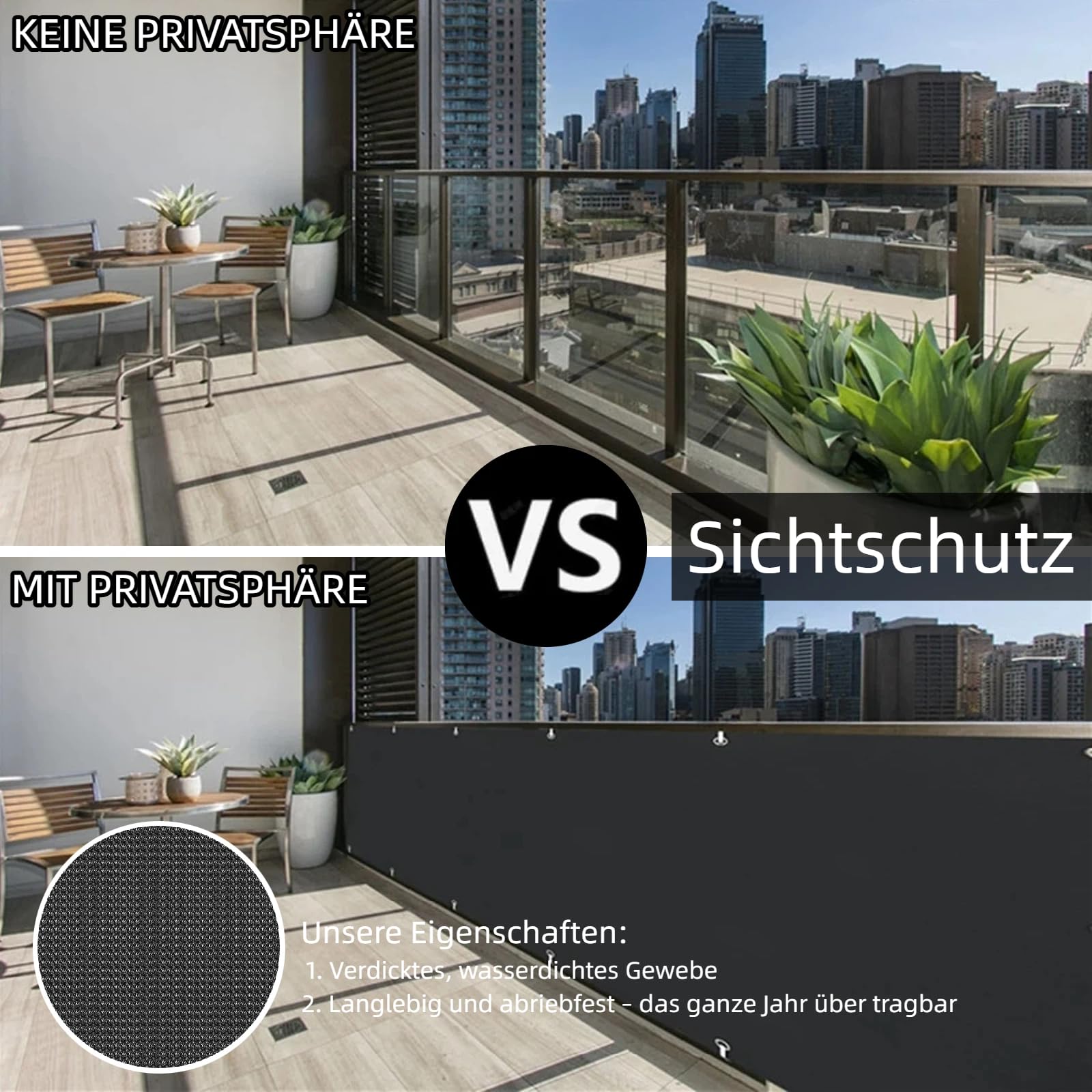 Balkon Sichtschutz Wetterfest 1x8m, Sonnenschutz & Windschutz Balkonsichtschutz Balkonverkleidung Balkonbespannung UV-Schutz mit Ösen Nylon Kabelbinder und Kordel für Balkongeländer