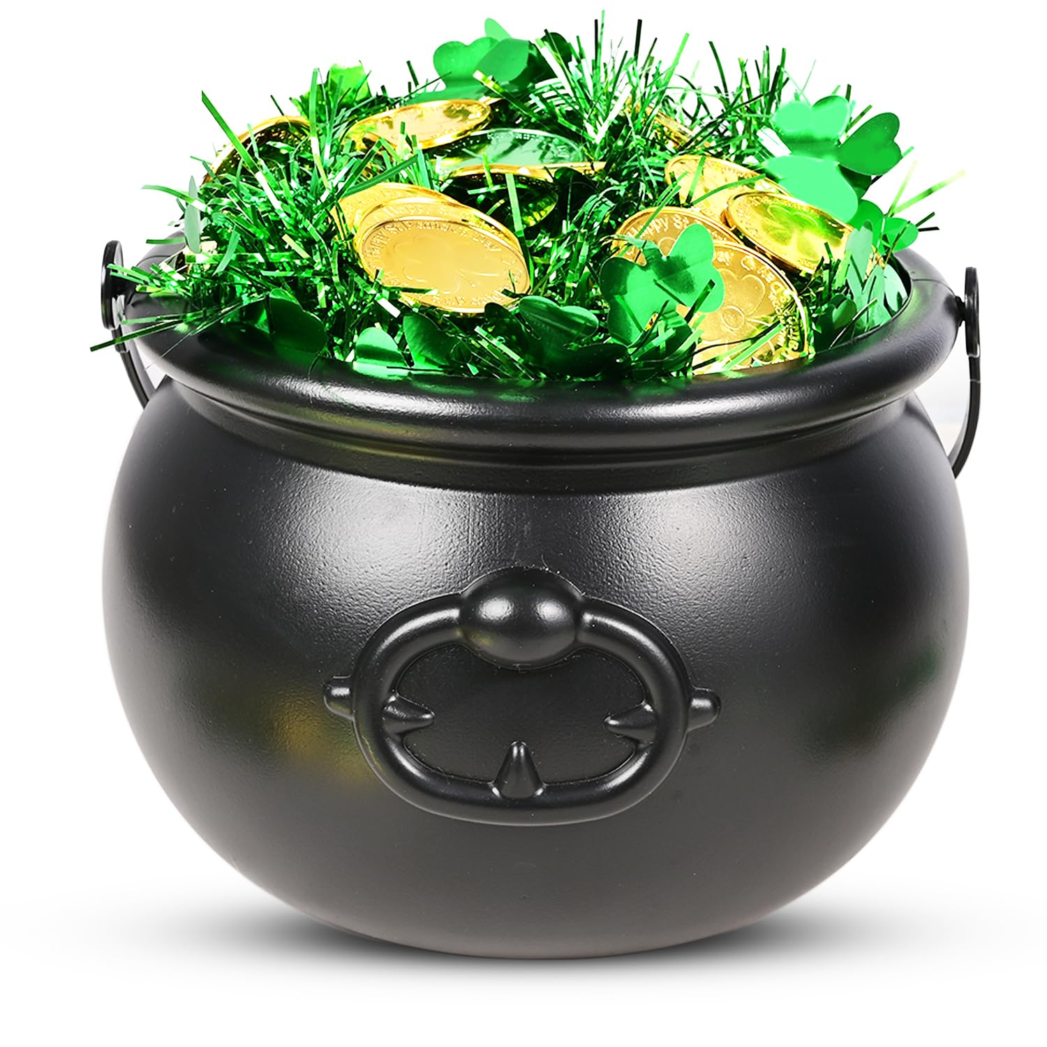 EnriQ 202 Pcs St Patrick's day 8" Black Cauldron Candy Kettle with 200 Lucky Coins and 1 Shamrock Garlands for St Patty Decorations St. Patricks Day Party Favor