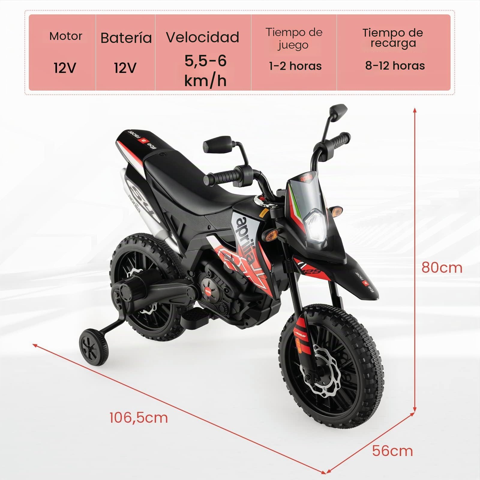 RELAX4LIFE 12V Aprilia Moto Eléctrica Niños con 2 Ruedas Auxiliares, Velocidad 5,5-6KM/H, Moto Infantil con Luces, Música, Faros, Marcha Adelante, USB y MP3 para Niños 3-8 Años, Carga 25kg (Rojo)