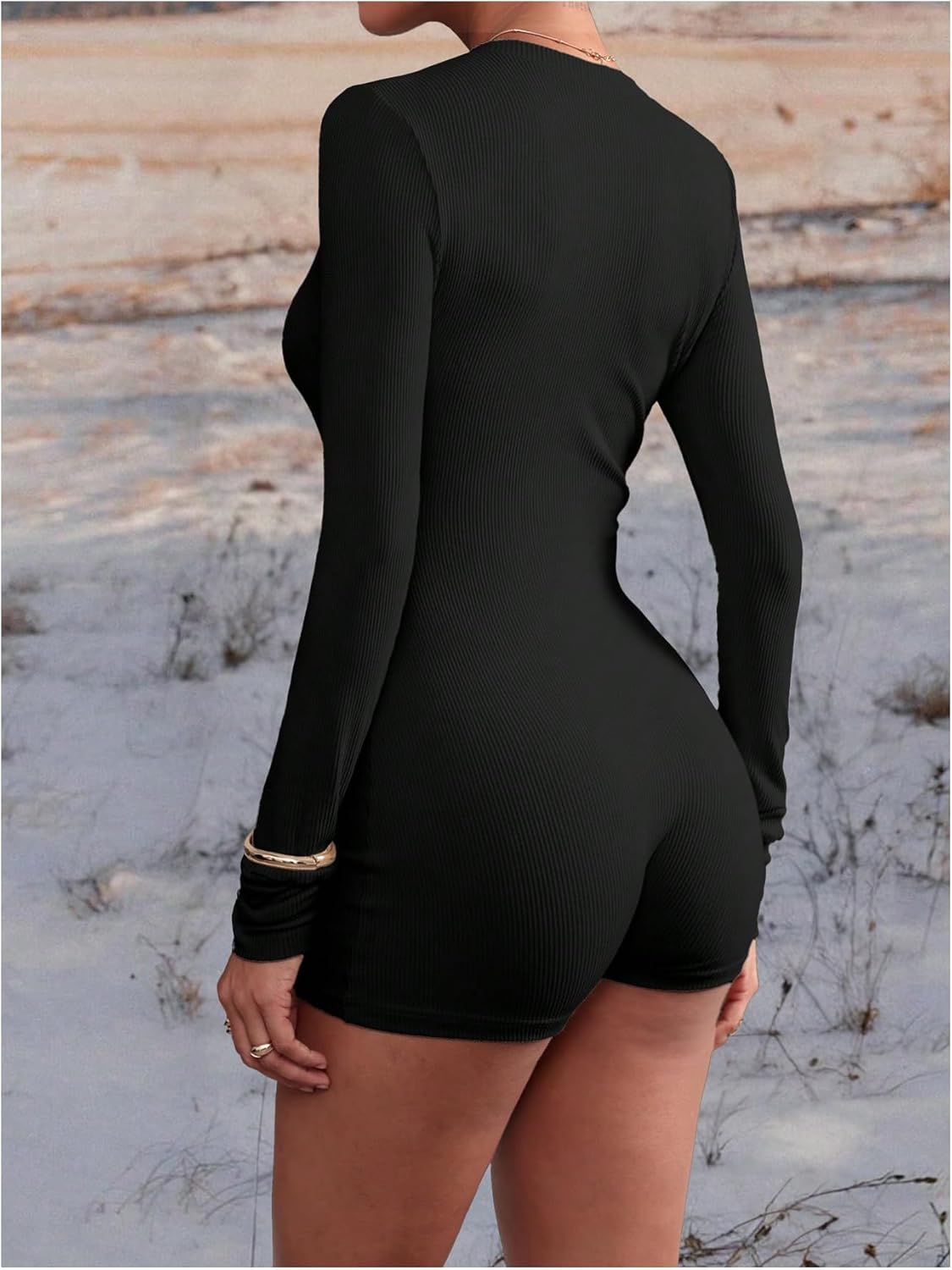 WDIRARA Women's Button Up Bodycon Romper Long Sleeve Unitards Shorts Jumpsuit - Image 3