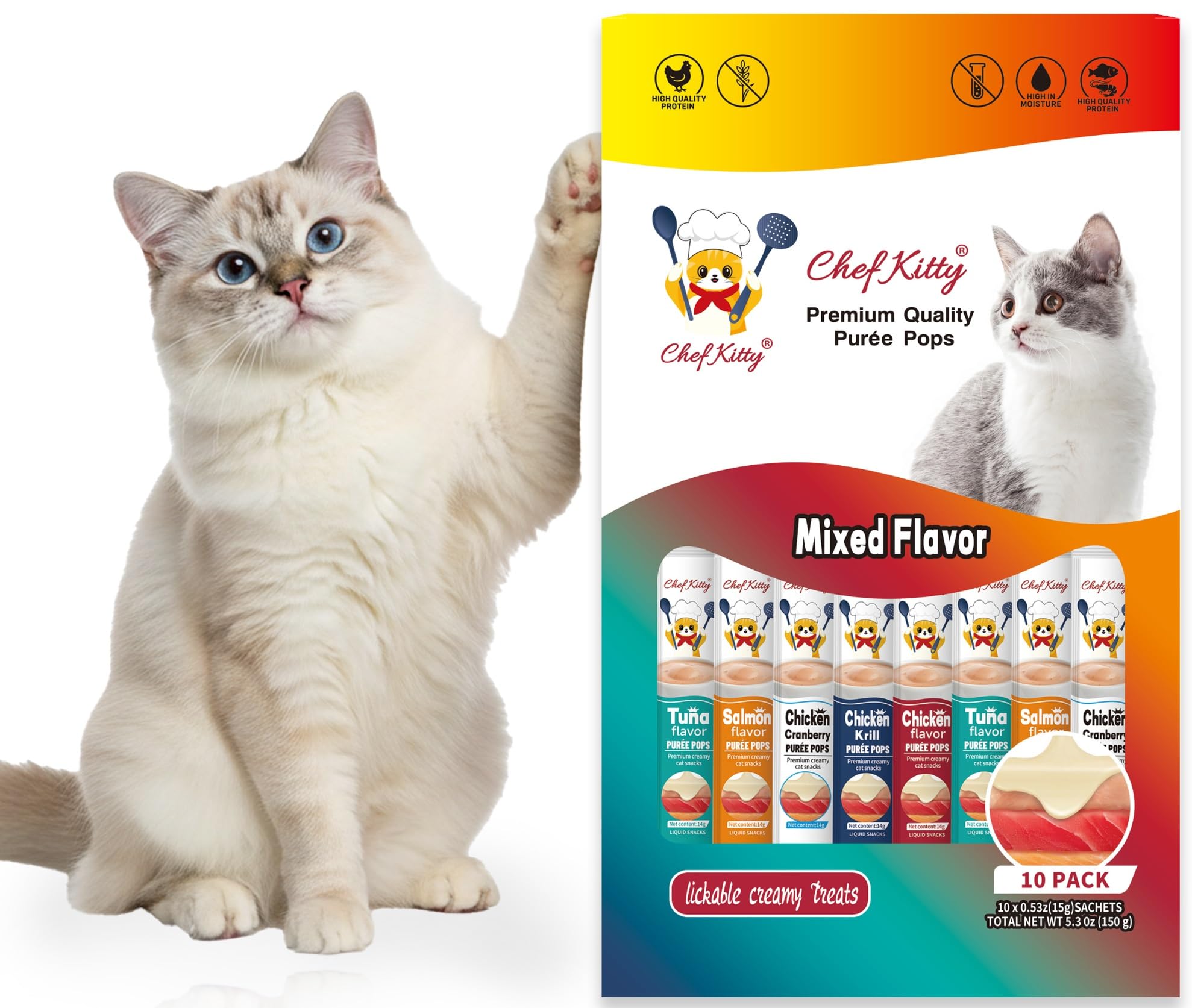 Lickable Cat Treats, Mixed Variety Puree Food Topper, 10 Tubes