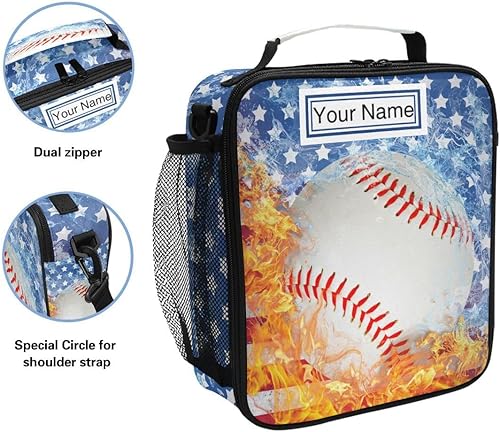 Miniatura 2 de ZOEO Lonchera personalizada, con la bandera de Estados Unidos de béisbol, Star Prep para niños, bolsa de almuerzo aislada, correa de hombro