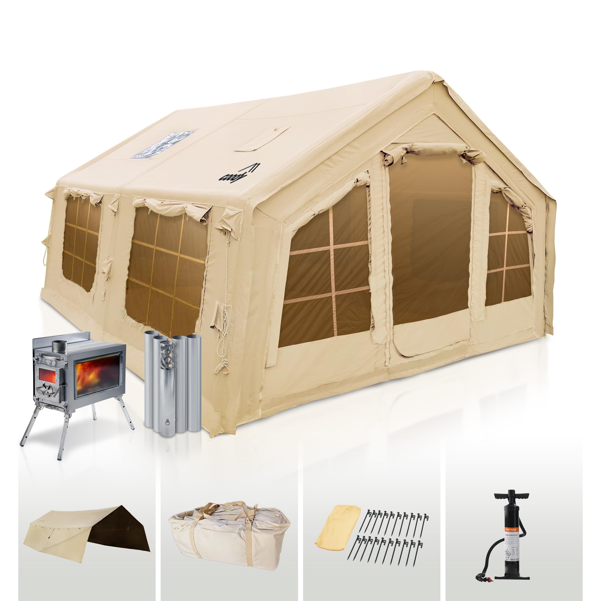Coody | Rbm Outdoors Koala/Hub/Octopus Inflatable Tents for Camping with Stove Jack, 2/8/10 Person Luxury Canvas Blow Up Tent, 2 Room, Easy Setup Casa de Campaña, Large Inflatable House with Pump
