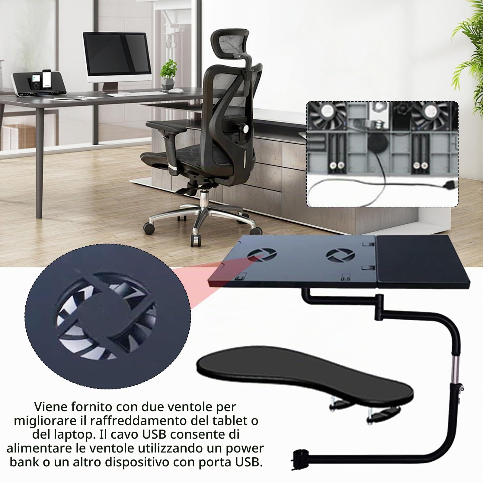 Supporto Per Tastiera, Vassoio Per Tastiera Morsetto Per Sedia Regolabile A 360° Con Tappetino Per Mouse Ventola USB Morsetto Per Albero Della Sedia In Acciaio Inossidabile Supporto Per Tastiera Pigro