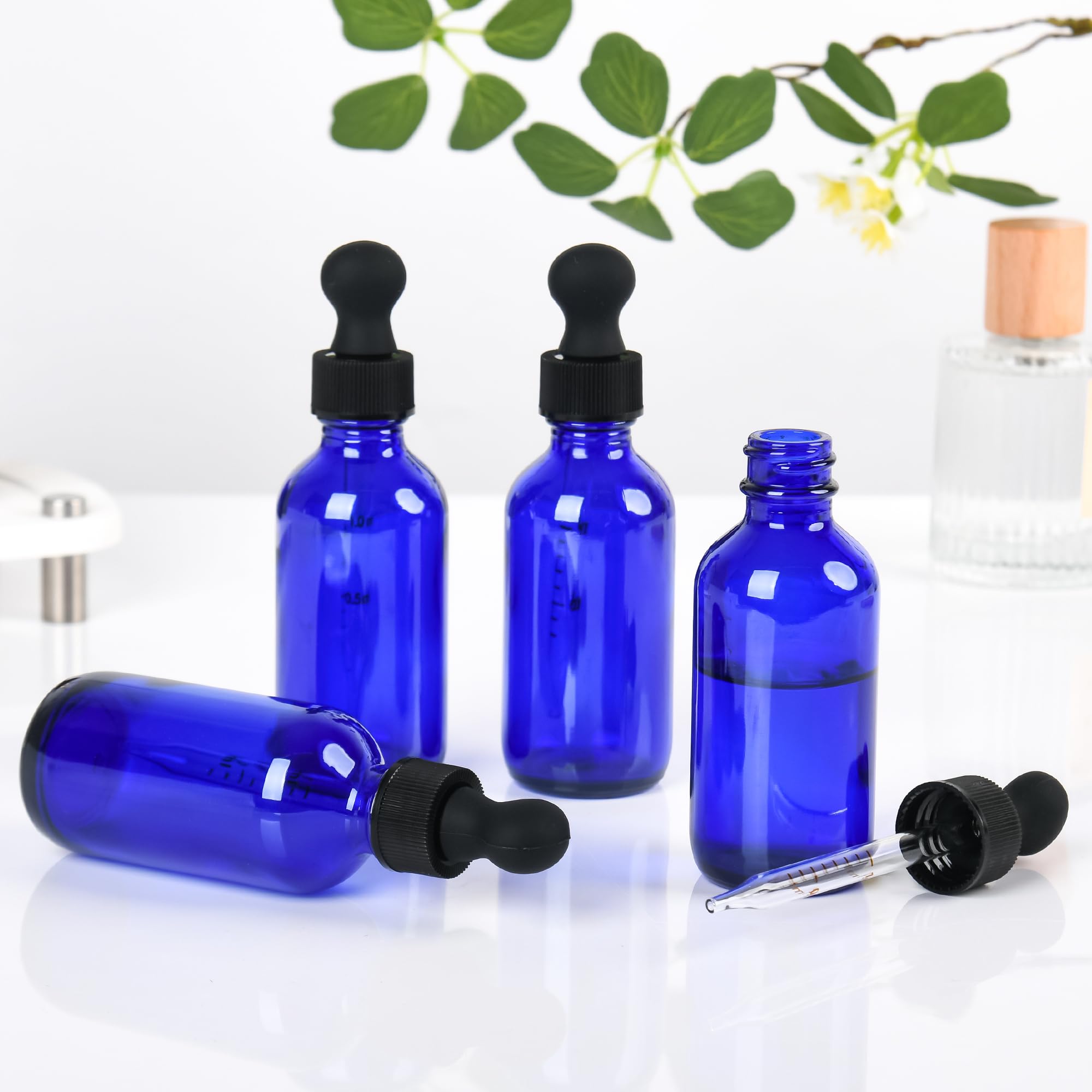 24 Stück blaue Tropfflaschen, 57 ml Glas-Tinkturflaschen mit gemessener Pipette und goldenen Kappen, auslaufsichere Reiseflaschen für ätherische Öle/Chemielabor, Chemikalien/Kölner und Parfums
