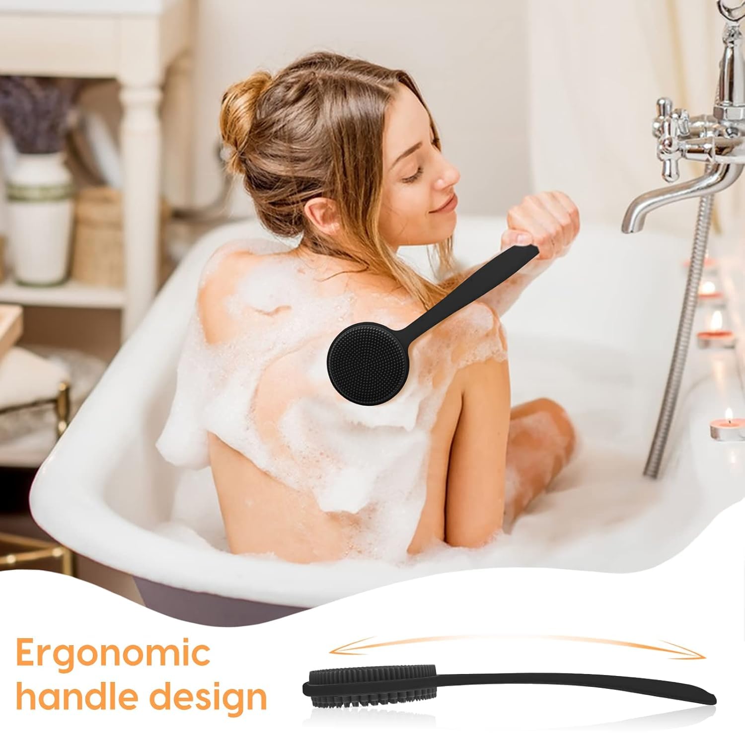 RAVIRANDAL Silicone Back Scrubber for Shower, Lengthen Bath Body Brush with Long Handle, Double Sided Shower Brush for Exfoliating and Massage Can Produce Rich Foam, Long Handle Back Scrubber for Men 3