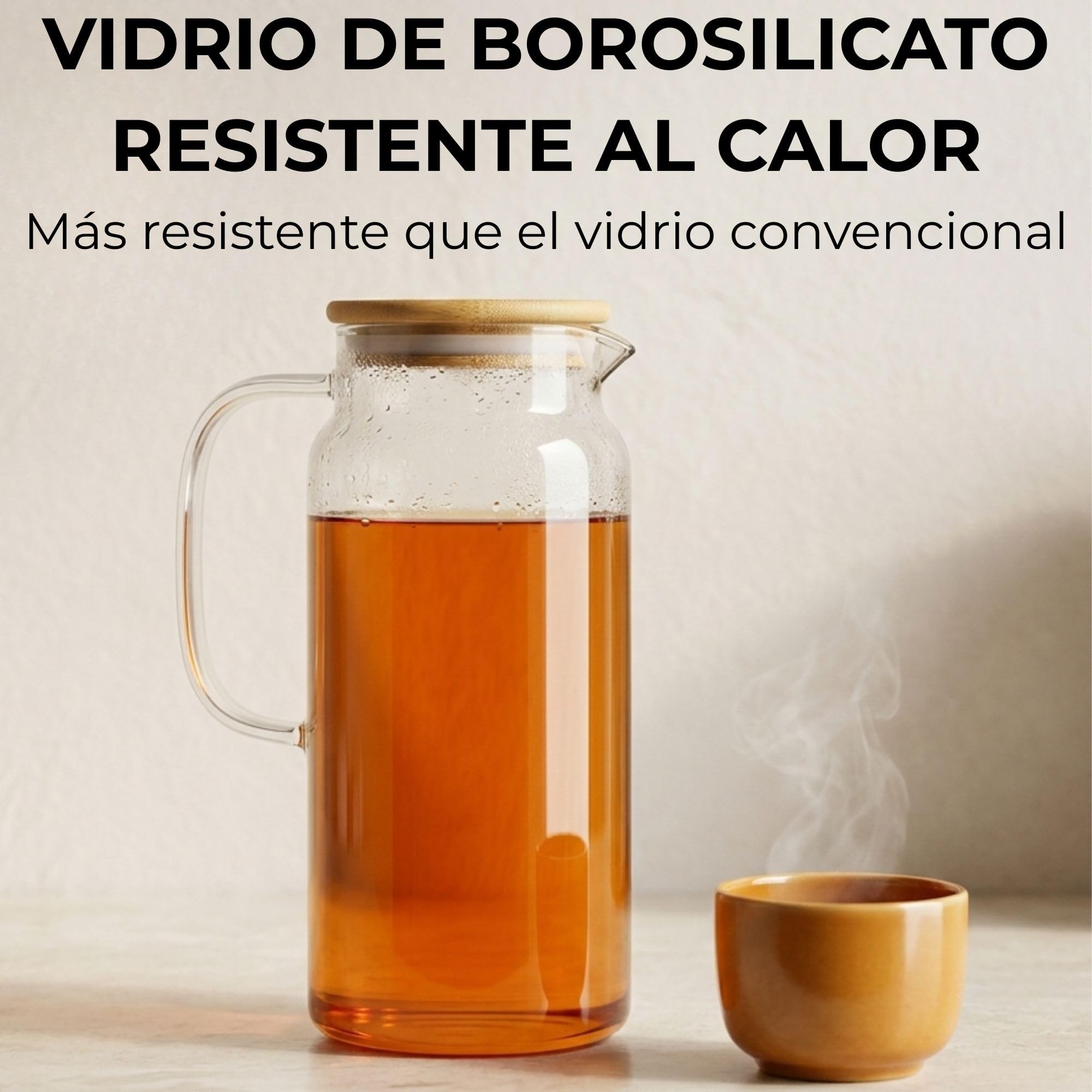 Jarra de Agua Cristal 1,2L con Tapa Bambú Natural. Jarra de Agua en Vidrio Borosilicato Resistente al Calor, Botella Cristal Reutilizable, Vida Saludable. (1,2 Litros, Tapa de Bambu) - 2