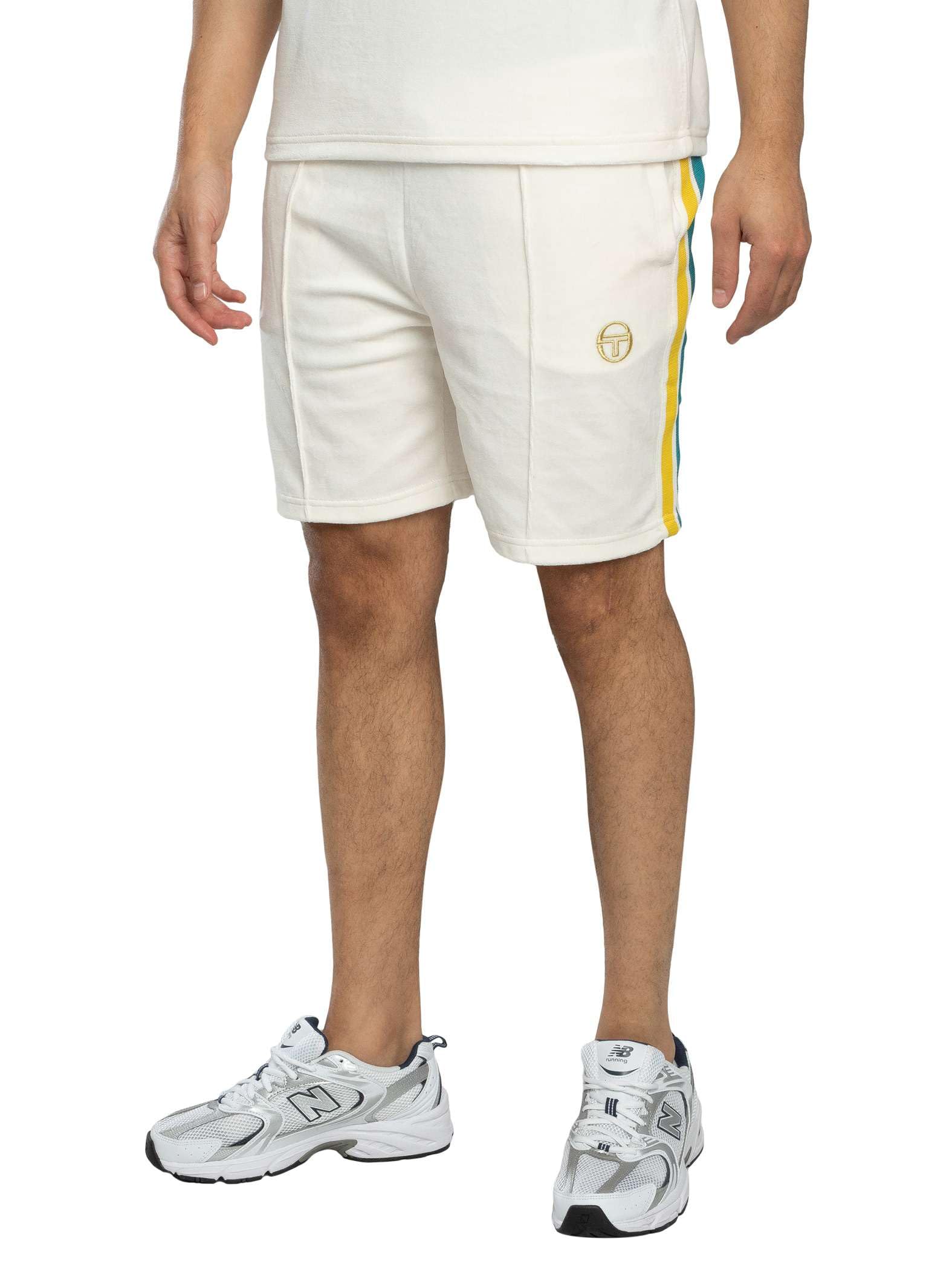 Sergio Tacchini Men's Monte Velour Sweat Shorts, Gardenia/Maritime Blue, XL