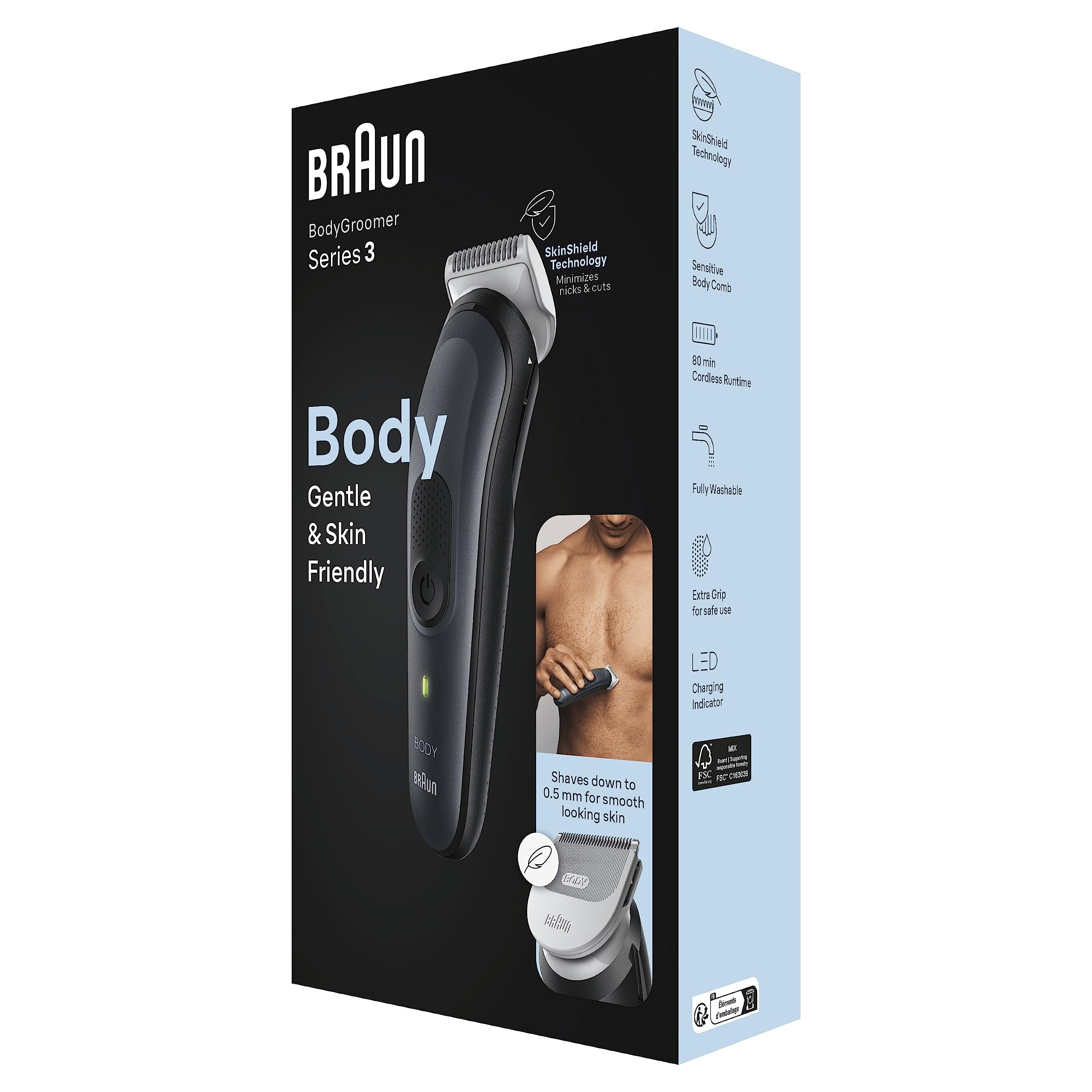 Braun Tondeuse Electrique Pour Le Corps Series 3 Homme, Torse, Aine, Aisselles, Styling Et Plus, Pour Un Rasage Doux, Aux Sabots Clipsables, Lavable, 80 Min D'autonomie, 3340