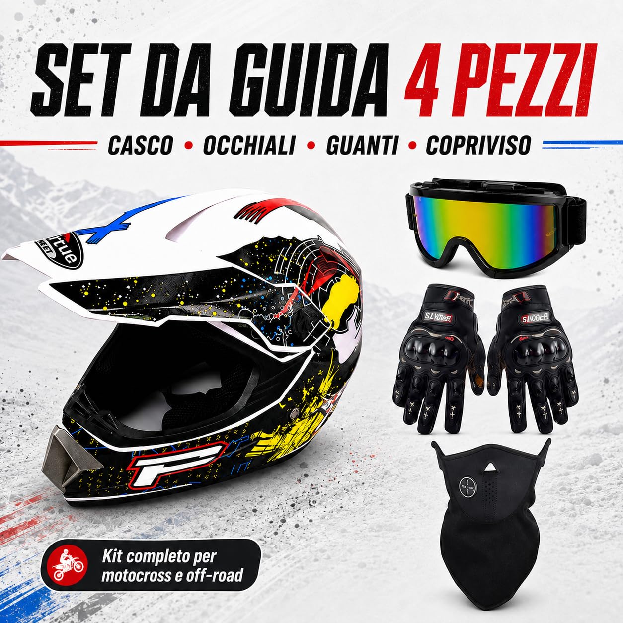 Casco Enduro Moto Bianco, Kit Motocross 4 Pezzi con Occhiali e Guanti