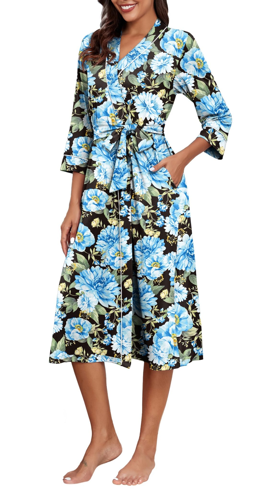 PrinStory Robe de chambre pour femme - Kimono décontracté - Long peignoir doux à manches 3/4