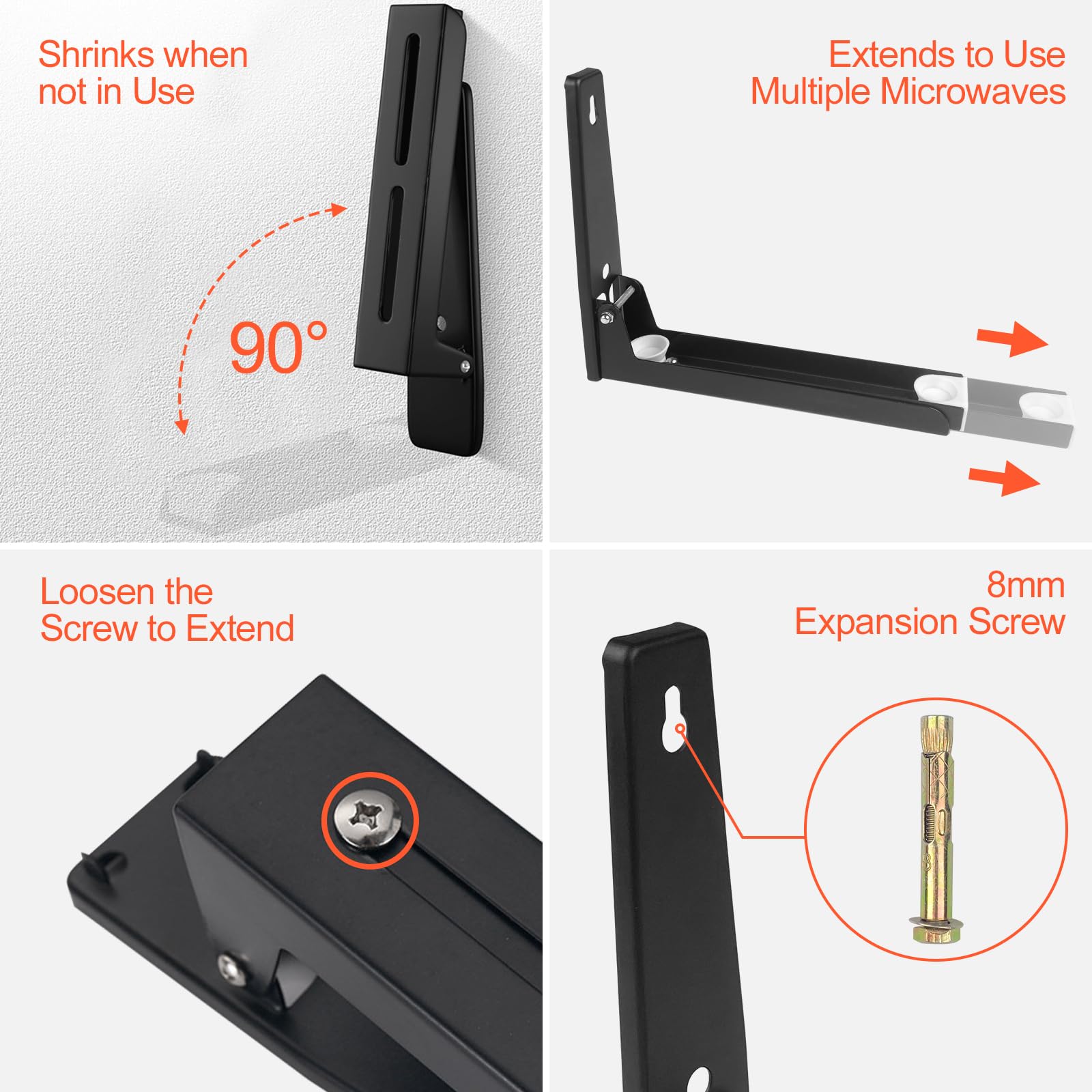 Lot De 2 Supports Muraux Pour Micro-ondes - Acier, Réglables Et Pliables, Charge 40 Kg - Noir - 6