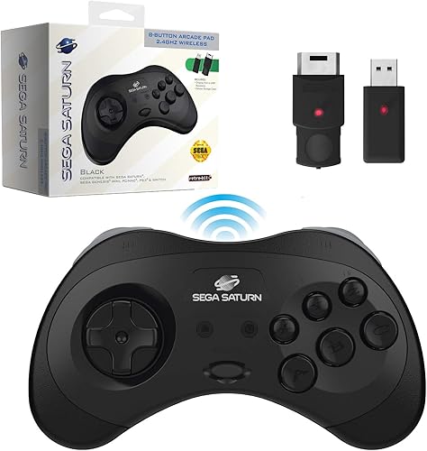 Retro-Bit Official Sega Saturn 2.4 GHz Wireless Controller for Sega Saturn, Sega Genesis Mini, Switch, PS3, PC, Mac - Includes 2 Receivers & Storage