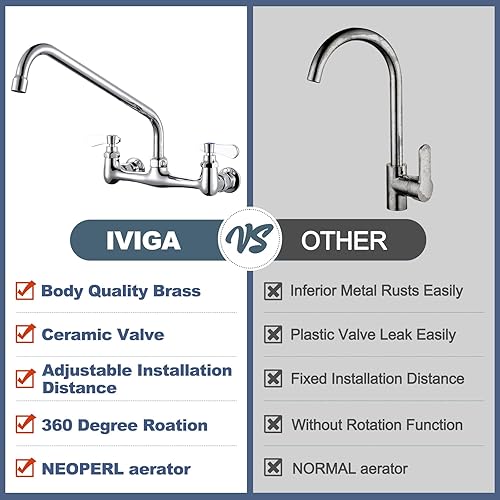 Miniatura 2 de Grifo de fregadero comercial con boquilla giratoria de 14 pulgadas, grifo de cocina de montaje en pared central de 8 pulgadas, grifo de fregadero de