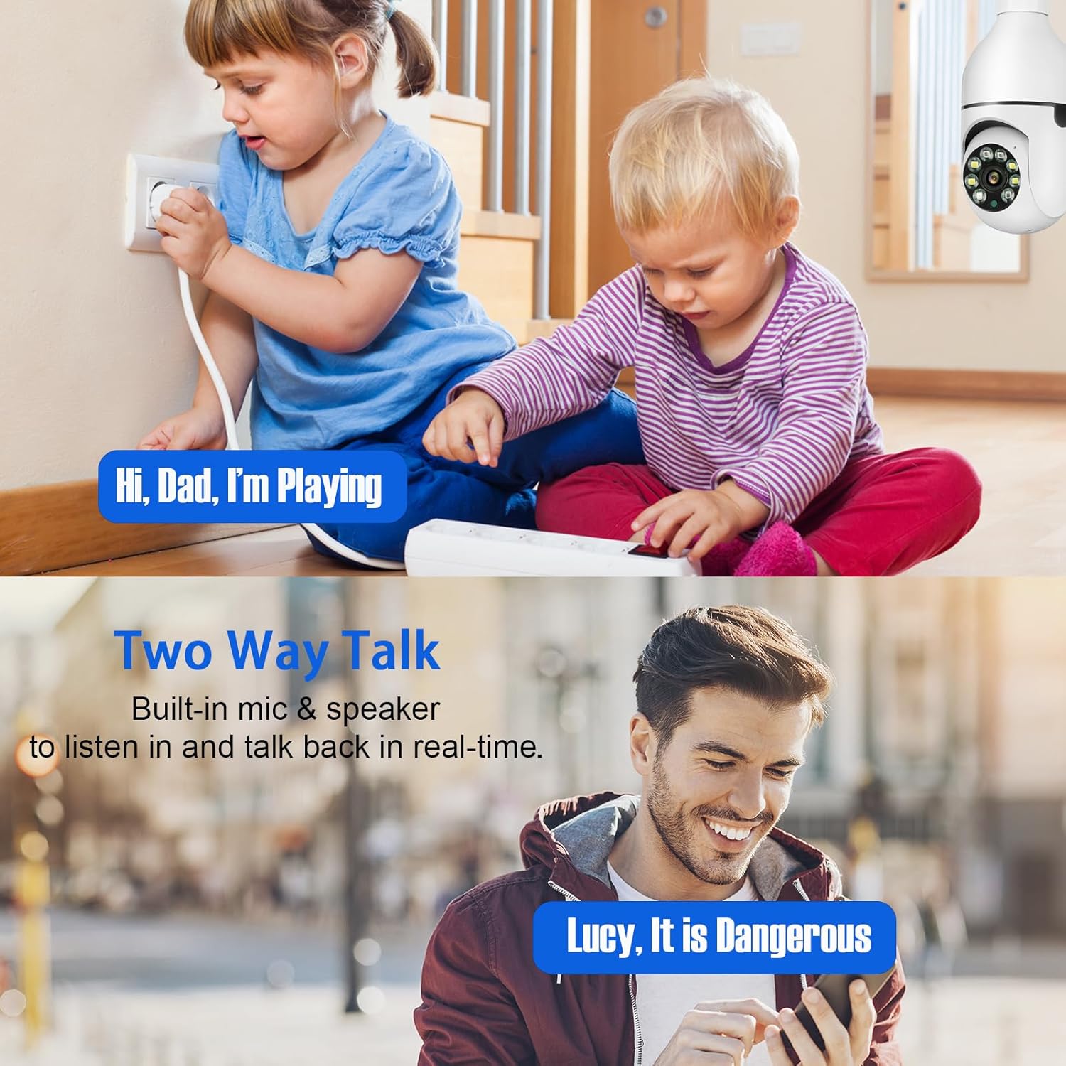 Dosilkc DS-LBQ01 camera enabling two-way communication between a child and a parent via smartphone.