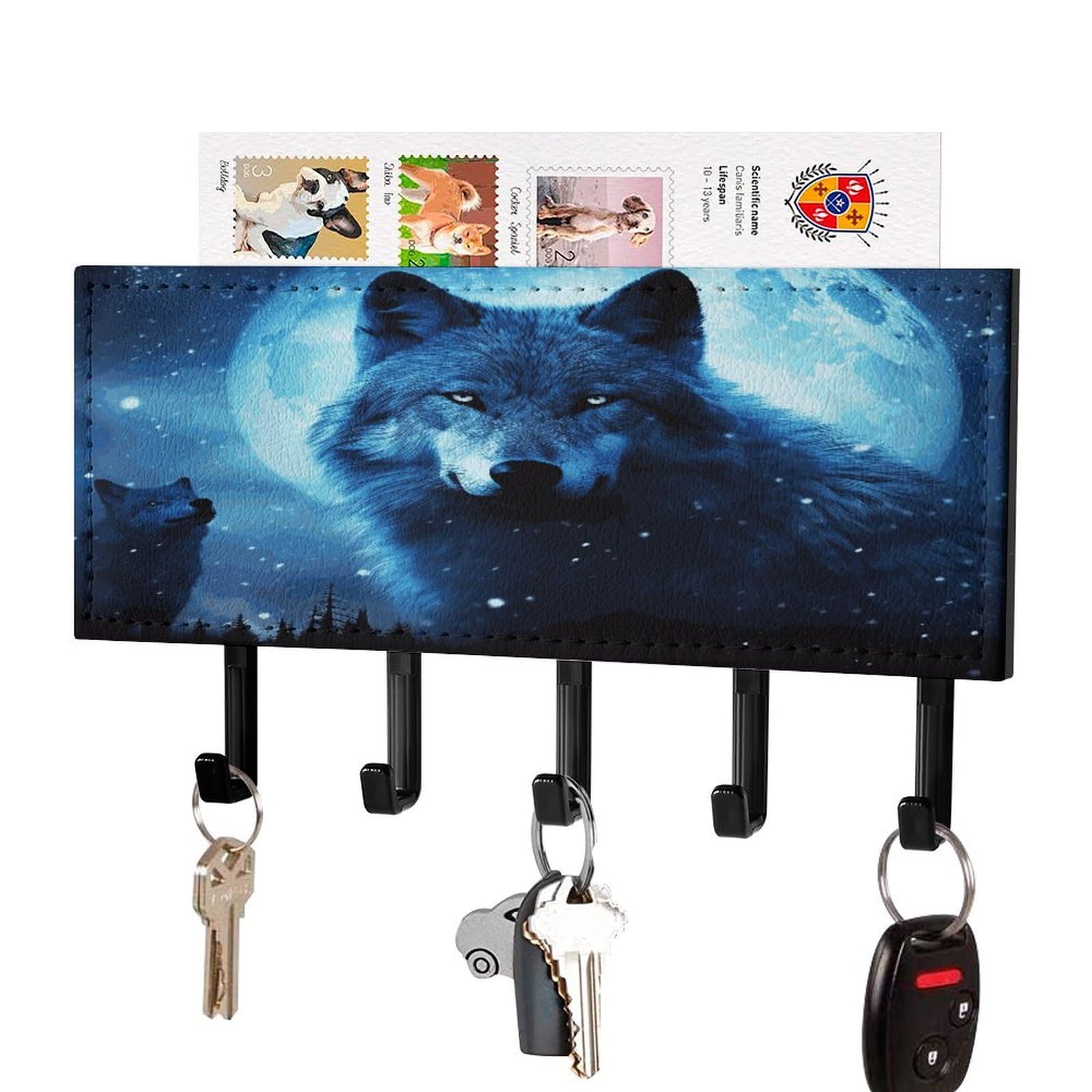 LDGSUPH Wolfs Key Holder Wall Mount Key Hanger with 5 Hooks Fashion Key Organizer Rack Hanging Key Hooks with Mail Organizer Key Rack for Home Entryway Hallway Black-Style