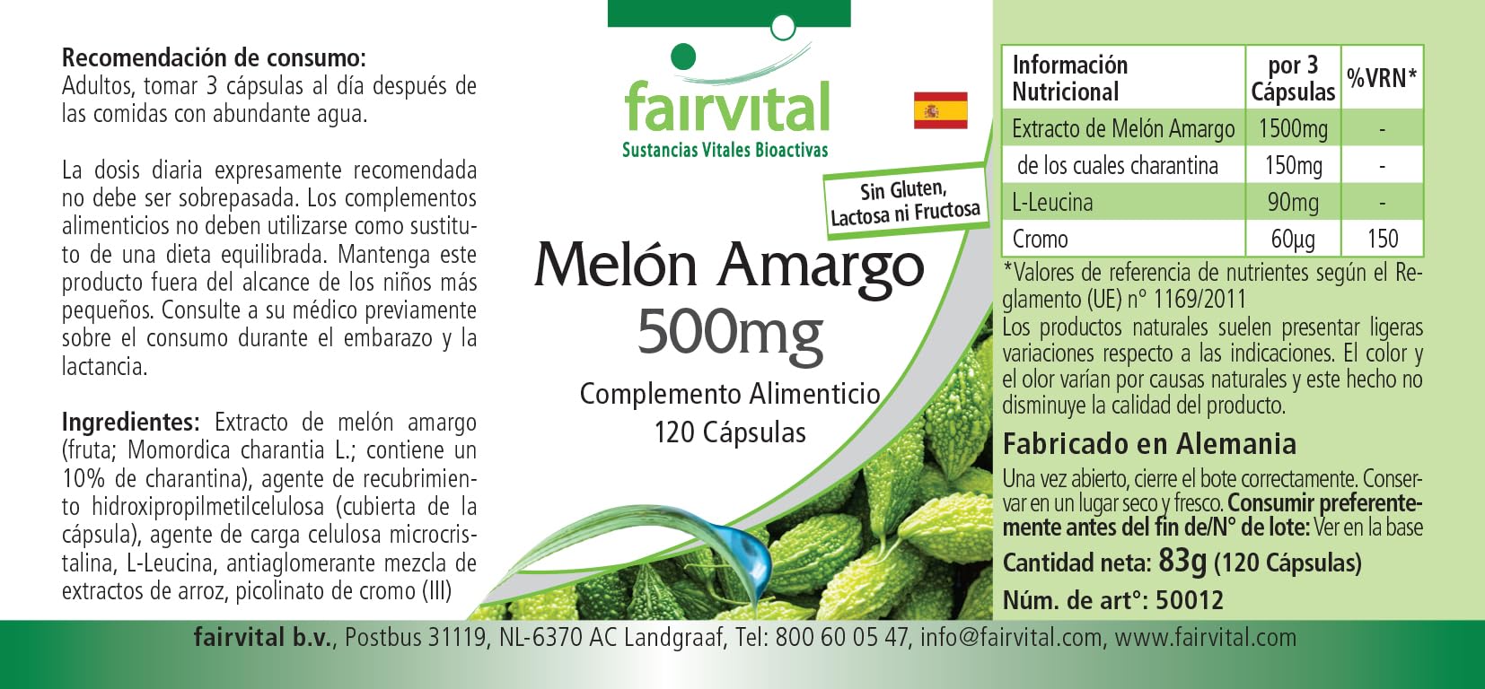 fairvital Melón amargo, 120 cápsulas, con 500mg de extracto de melón amargo y 20µg de cromo por cápsula, ALTA DOSIS, VEGANO, con un 10% de charantina