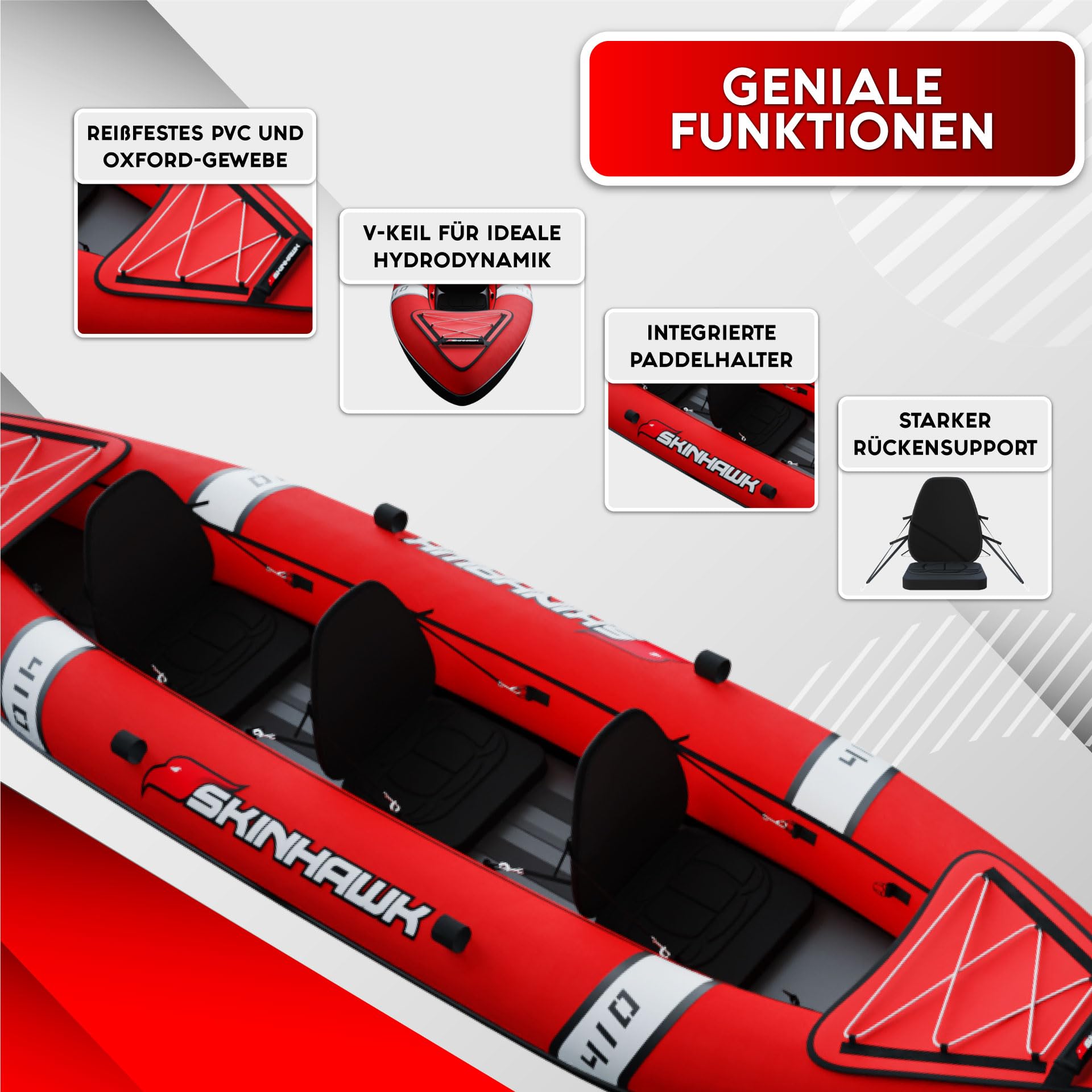 SKINHAWK Lot de 3 kayaks gonflables de qualité supérieure - Bordeaux - Avec 3 pagaies en aluminium - 3 places - Pompe et sac - 410 x 95 cm