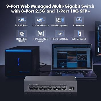8 Port 2.5G Managed Switch, 8 x 2.5Gbps Base-T Ports and 10G SFP+ Slot, Support LACP/QOS/VLAN/IGMP, Mini Metal Fanless 2.5Gb YuLinca Easy Web Switch