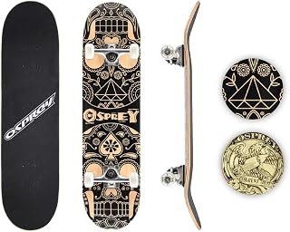 Osprey Skateboards for Beginners, 31 x 8 Inch Adult Skateboard with 7 Layer Canadian Maple Deck, Double Kick Concave Skateboard for Riding and Tricks, Multiple Designs