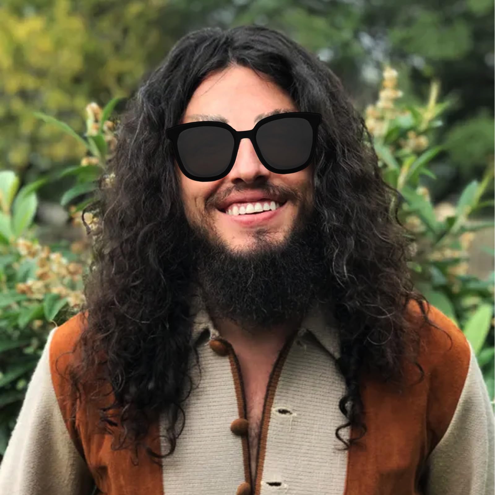 TSHAOUN Mens long Black Wig, 16 Inch/40 cm Mid Length Mens Curly Hair Wig for Adult Pop Rocking Dude Wigs and Sunglasses - Image 4