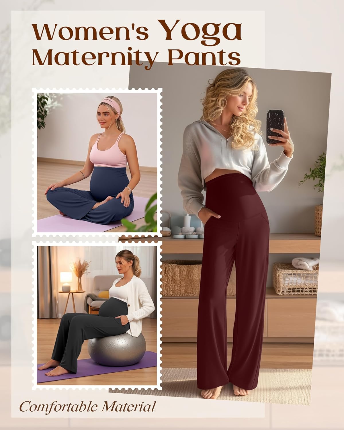 3 Pack Women's Maternity Yoga Pants Over The Belly Pregnancy Pants Wide Leg Lounge Trousers with Pockets - Image 2