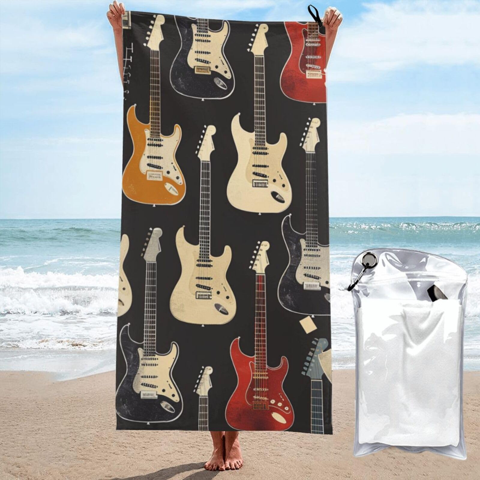 kkvhhyuo Microfiber Beach Towel, Guitar pattern Printed Lightweight Quick Dry Travel Bath Sheet with Compact Carry Bag for Swimming Yoga Camping Gym,27.5"x55"