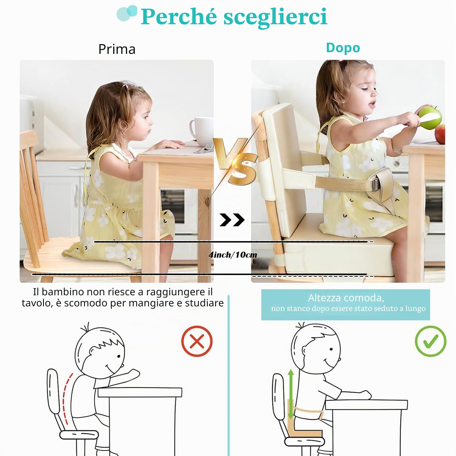 Seduta Rialzata per Bambini e Neonati, Impermeabile in Poliuretano, Con Schienale e Cintura di Sicurezza Regolabile a 3 Punti, Cuscino per Seggiolone Pratico