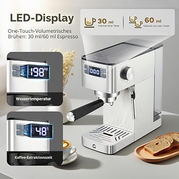 Semi-automatic espresso machine 20 bar made of stainless steel compact with milk frother removable tank 1.25 l for cappuccino and latte 1350 W silver European standard