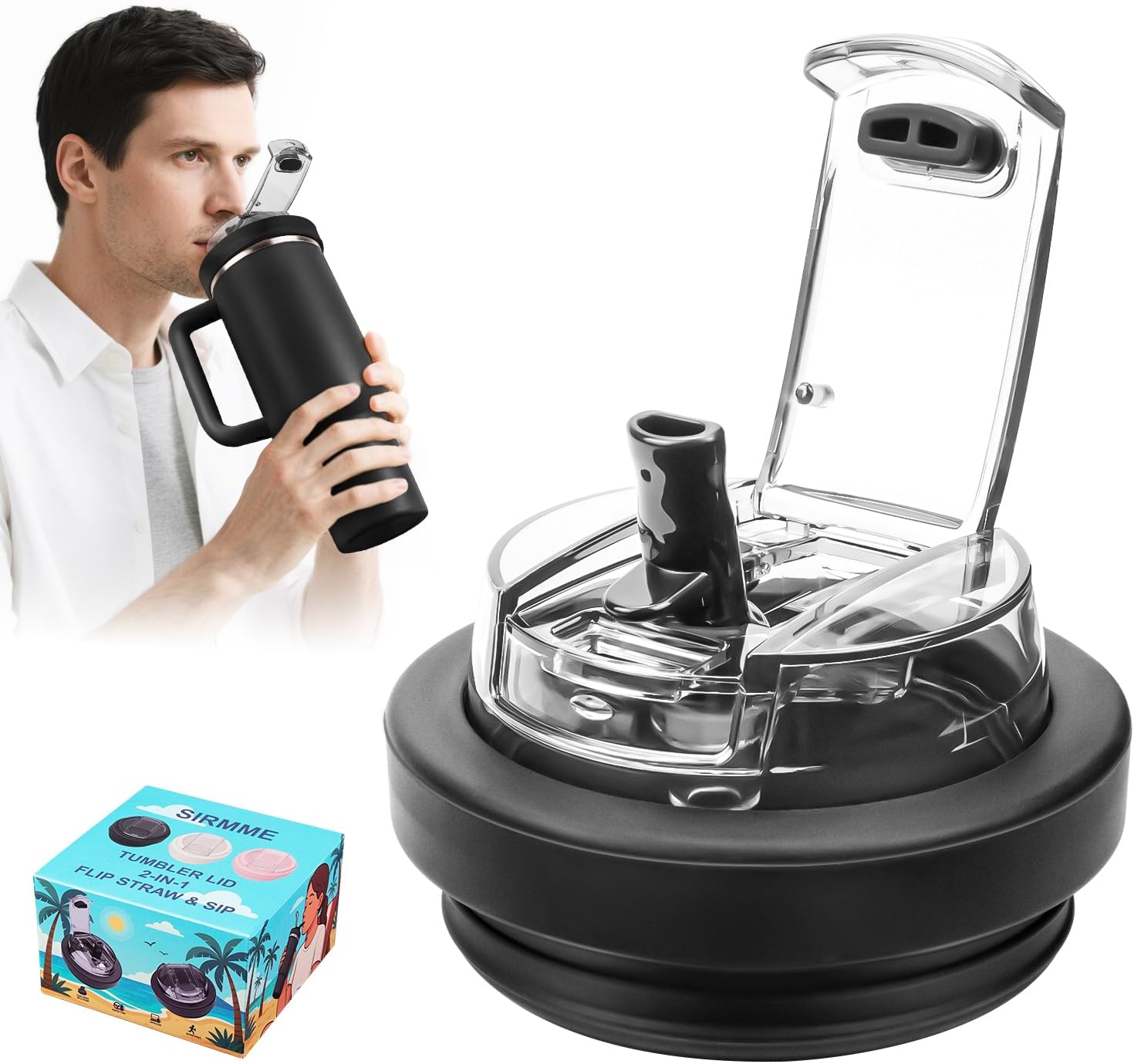 40 oz Tumbler Lid Replacement – 2-in-1 Flip Straw & Sip Cover, Leakproof Spill Proof Dustproof Reusable Lid with Brush, Food-Grade Silicone & ABS, Cup Accessories Fits Most 40oz Travel Tumblers