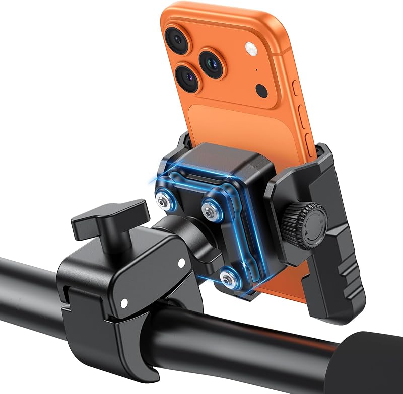 OMOTON BK01 Soporte antivibración para teléfono de bicicleta, bloqueo rápido para ciclistas | Se adapta a manillares de 0,7 a 1,56 pulgadas y espejo retrovisor, rotación de 360°, sin herramientas, a prueba de golpes para bicicleta, motocicleta, scooter, cochecito
