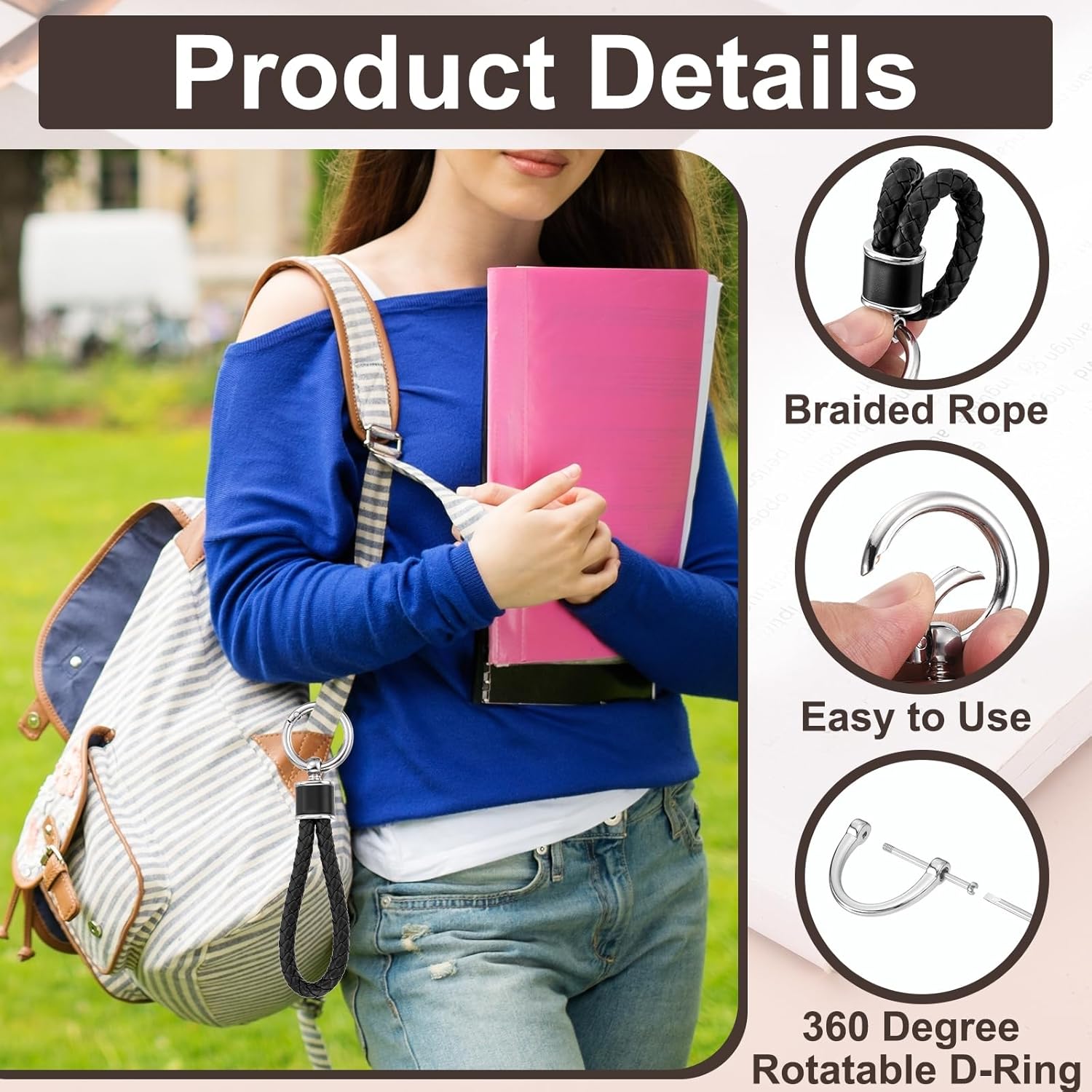 MECCANIXITY Weave Key Chain Ring Braided Rope Leather Keychain with 360 Degree Rotatable D-ring and Screwdriver Zinc Alloy