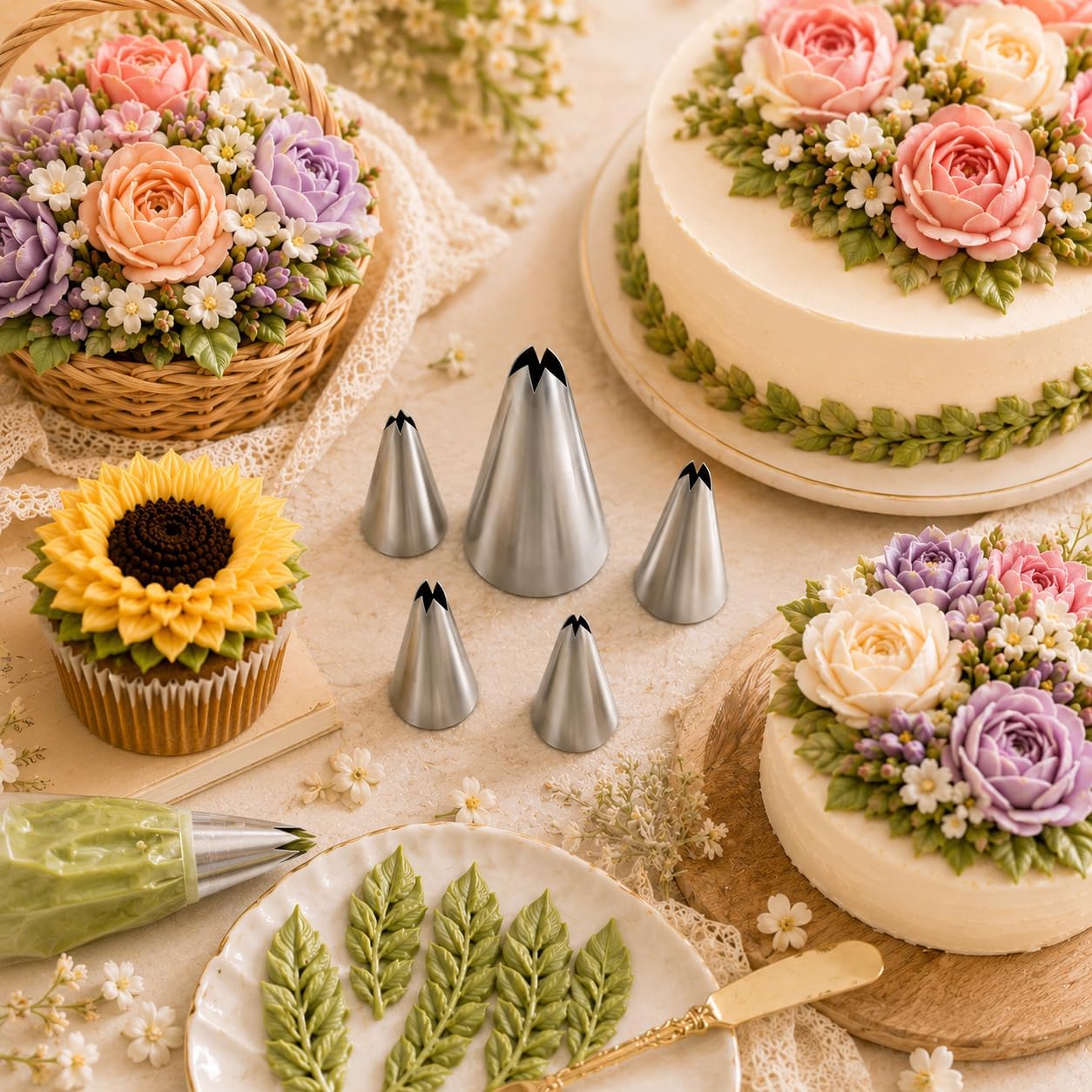 5 Pcs Leaf Piping Tips Set, Stainless Steel Cake Decorating Tips for Buttercream, Frosting Icing Nozzles for Cupcakes, Cookies, Cakes – Includes 67, 68, 70, 352, 113 – Dishwasher Safe