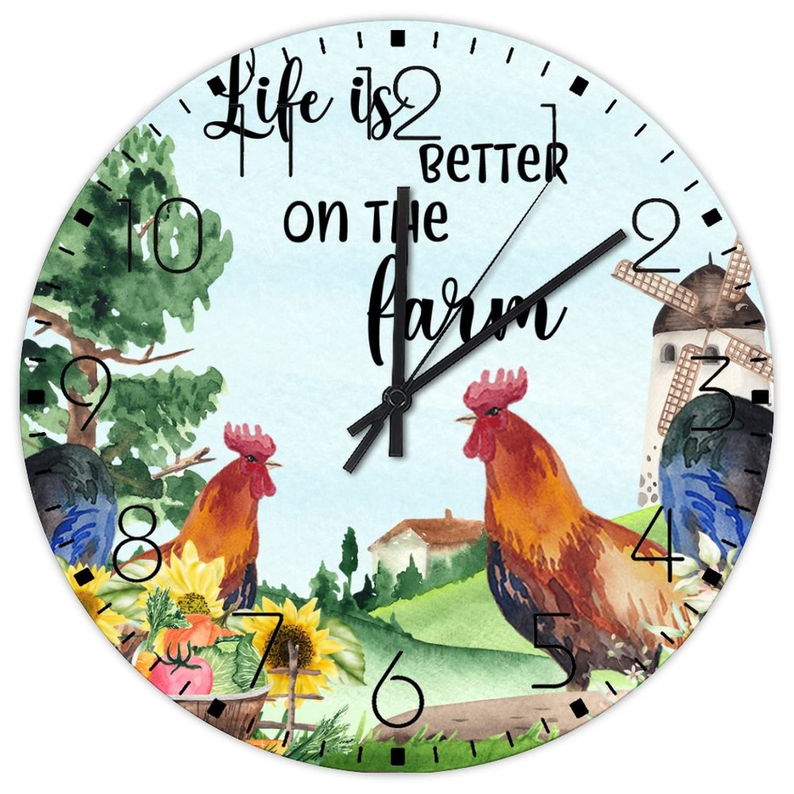 Horloge ronde sans tic-tac 30,5 cm décoration murale coq et poulet