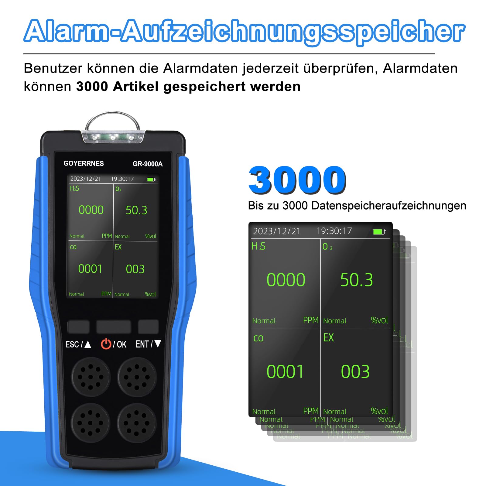 4 in 1 Gasdetektor Tragbarer Luftqualitätsdetektor Sauerstoff O2, Schwefelwasserstoff H2S, Kohlenmonoxid melder CO, brennbare Gase EX Alarm blinkender LCD-Bildschirm Datenspeicherung Geeignet für Indu