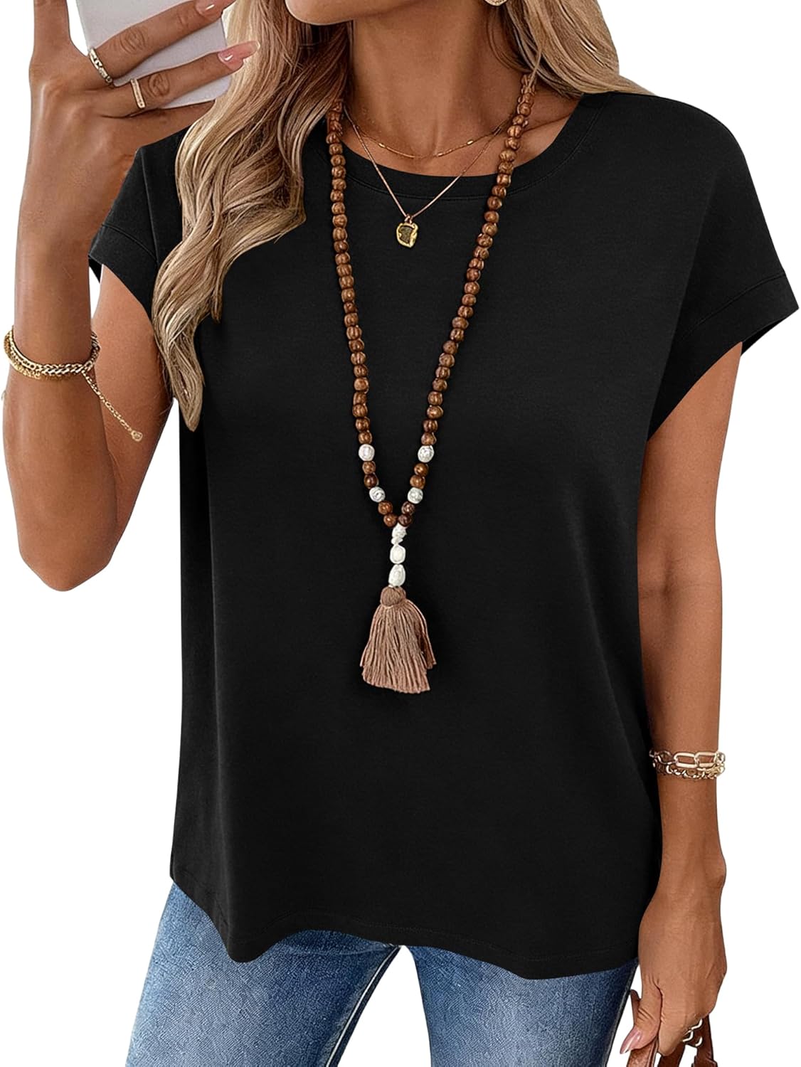 LOMON Womens Summer Tops Short Sleeve Shirts Cap Sleeve Tops Crew Neck Cute Trendy Tunic Blouses Dressy Casual Outfits 2026