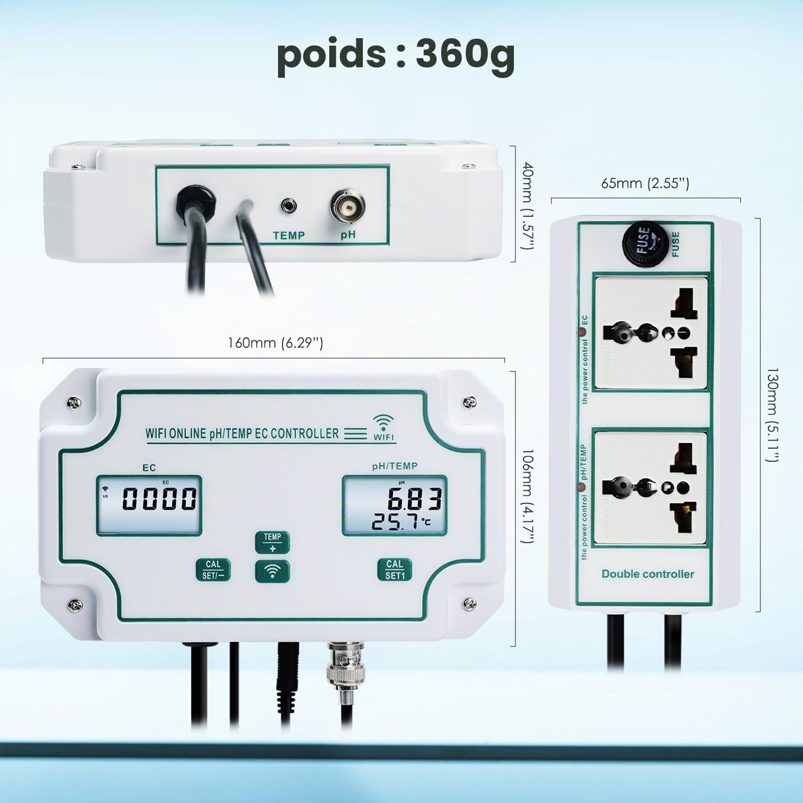 Testeur de Qualité d'Eau Intelligent WiFi pH, EC et température Testeur de surveillance en ligne continue avec écran LCD, alertes App, données en temps réel pour l'hydroponie, les aquariums