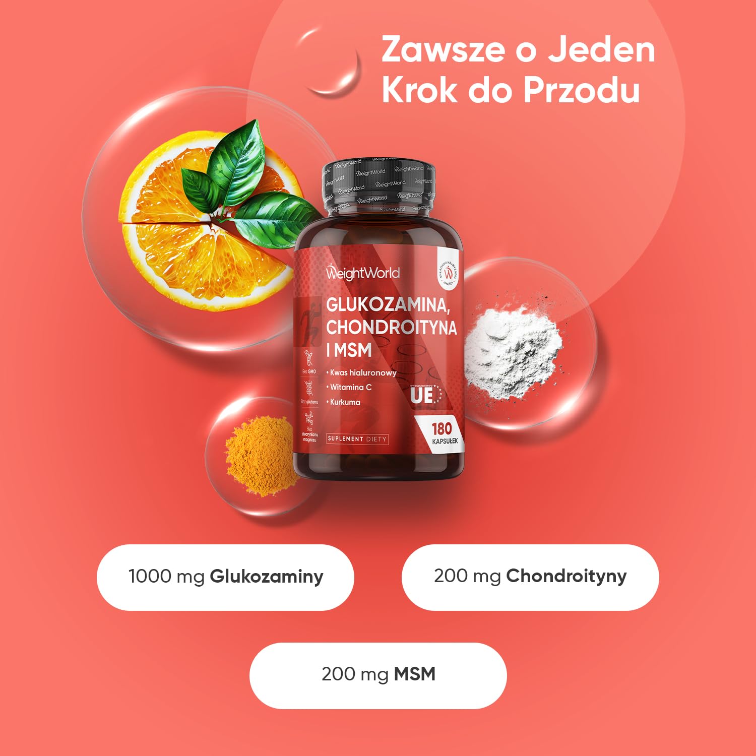 Glukozamina, Chondroityna i MSM – 180 Miękkich Kapsułek – 6 Miesięcy Suplementacji – Kompleks Wzbogacony Kwasem Hialuronowym, Witaminą C i Kurkumą w Proszku – Bez GMO, Laktozy i Glutenu | Z witaminą C, kwasem hialuronowym i bio-kurkumą, wyprodukowano w UE
