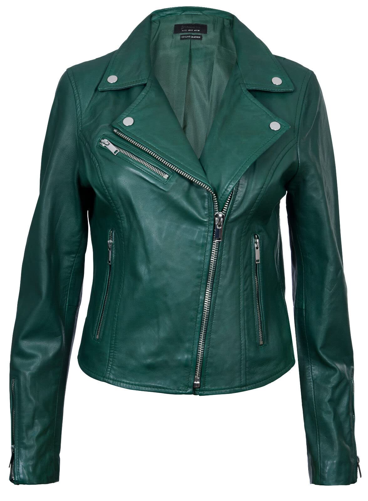 Ladies Leather Jacket Classic Biker Style Green Real Leather Womens Jacket XL