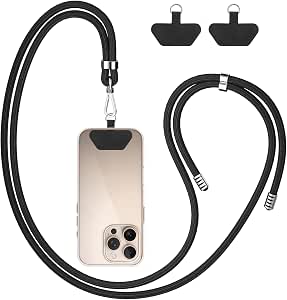 COCASES Crossbody Phone Lanyard with Tether, iPhone Strap for Hanging Anti-Theft Phone Chain for Neck Keychain with Patches Compatible with Most Smartphones Black