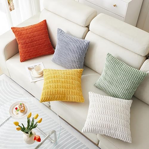 Miniatura 5 de Sunday Praise Paquete de 2 fundas de almohada decorativas de pana de 18 x 18 pulgadas, fundas de almohada cuadradas de rayas bohemias suaves para