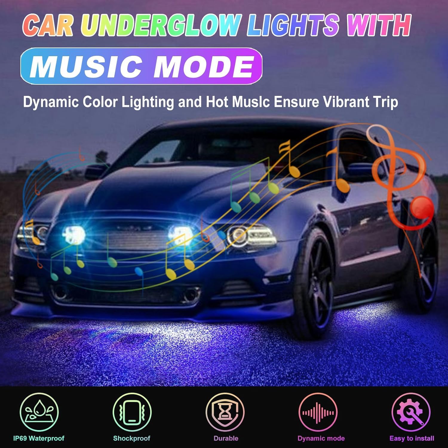 4 pezzi sotto illuminazione per auto, 16 milioni di colori, controllo app, sincronizzazione musicale, strisce luminose RGB impermeabili per auto, SUV.