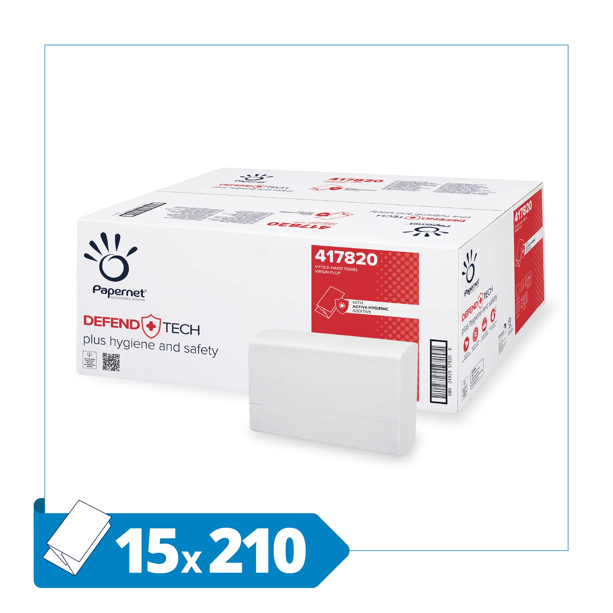 PAPERNET, Serviette pliée V 417820, serviettes en papier 2 plis avec formule antibactérienne, compatible avec distributeur antibactérien C/V 417204, 416143, 15 paquets pour 210 déchirures de 21 x 22