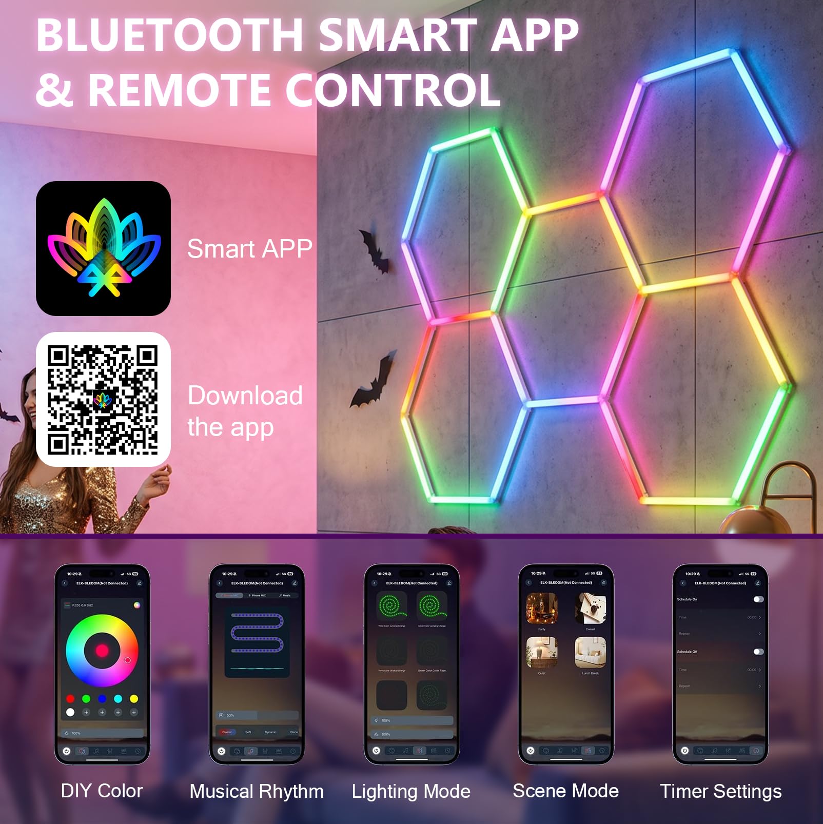 Garagenlampe LED 6-Hex 93W RGB Verformbare LED Werkstatt Deckenleuchte | RGB LEDs Hexagon Beleuchtung, Dimmbar, App und Fernbedienung für Garage, Bar, Gaming, E-Sport-Raum, Fitnessstudio (6 HEX)