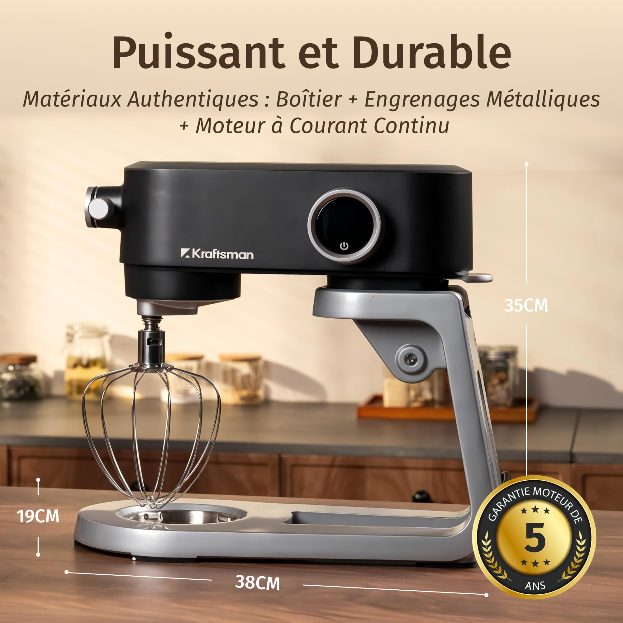 Robot Pâtissier, 5 L Robot de Cuisine Tout en Métal avec Port d’Alimentation Universel et Fonction Minuterie, Pétrin Professionnel à 8 Vitesses avec Batteur, Crochet, Fouet (Noir)
