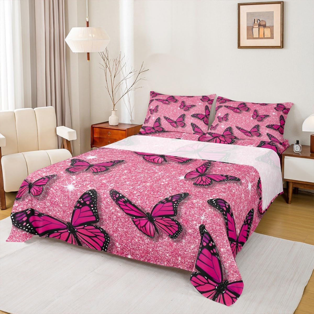 Pink Butterfly Sheet Set Twin,Girls Glitter Deep Pocket Fitted Sheet 3pcs for Kids Teens Room Decor,Sparkling Galaxy Twinkling Animals Bedding Set,Fantasy Starry Glowing Bed Sheet,1 Pillowcase