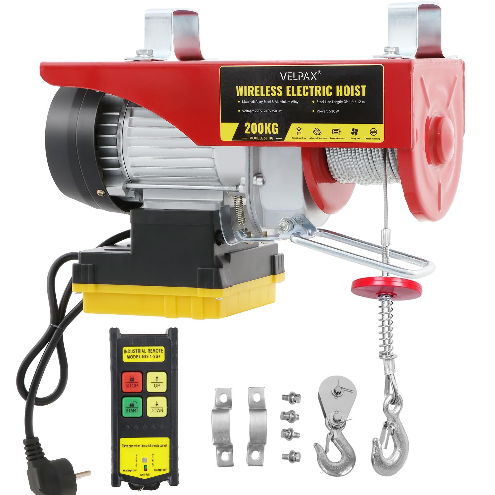 Paranco Elettrico, Capacità di Sollevamento 200 kg, Altezza di Sollevamento Elettrica 12 m, Argano Elettrico 510W, Velocità di Sollevamento 11m/min, Vericello con Radiocomando, con Puleggia e Cavo