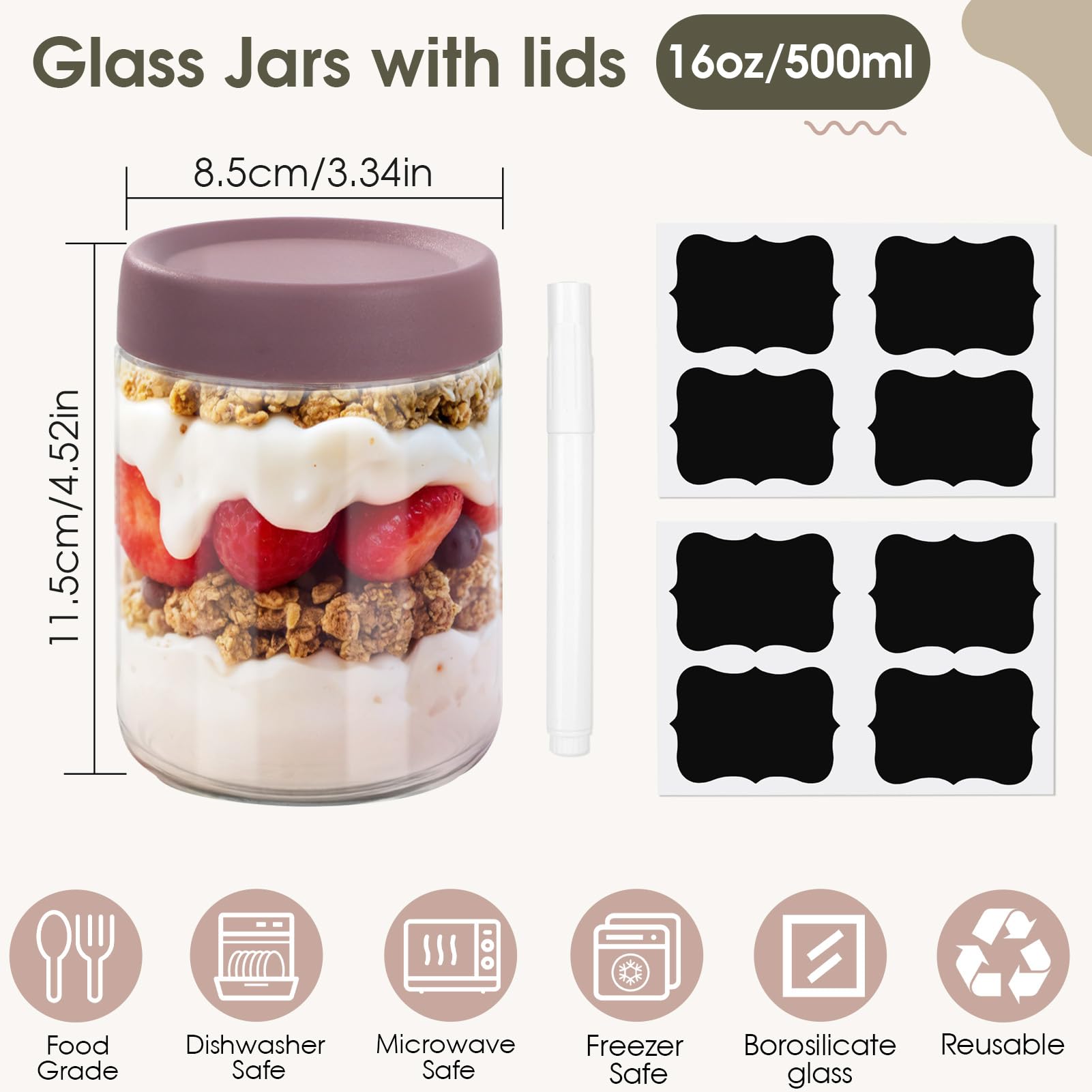 FoiiLiio 6 Tarros de Cristal con Tapa,500ML Overnight Oats Jar,Tarros de Avena Nocturna con tapa de rosca,Mason Jars Tarros de Yogur,tarros de Comida Preparada para yogur,cereales,gachas